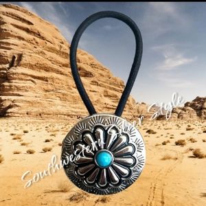 Southwestern Style Silver Concho Turquoise Blue Stone Elastic Band Hair Tie (B)